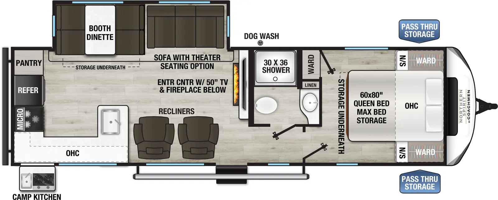 The 2965Rk has one slideout and one entry. Exterior features include a front pass-thru storage, rear camp kitchen, and off-door side dog wash. Interior layout front to back: queen bed with max bed storage and laundry center, with overhead cabinets, and night stands and wardrobes on each side, and wardrobe on off-door side; off-door side full bathroom with linen cabinet; entertainment center with TV and fireplace below along inner wall; off-door side slideout with tri-fold sofa and dinette; door side entry, recliners and peninsula countertop that wraps to door side, and then rear featuring overhead cabinets, microwave, refrigerator and pantry.